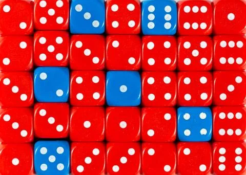 Background of random ordered red dices with six blue cubes Stock Photos