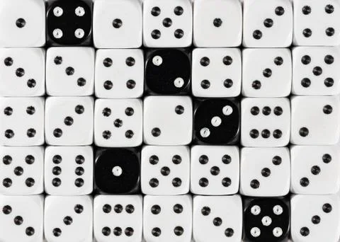 Background of random ordered white dices with five black cubes Stock Photos