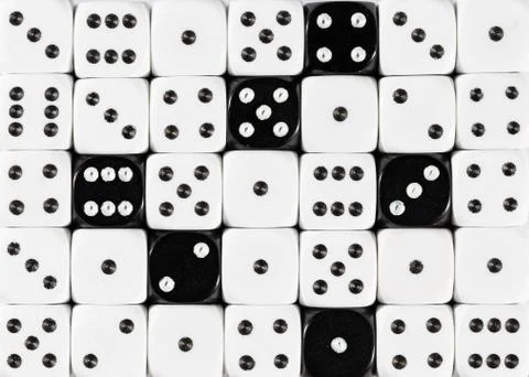 Background of random ordered white dices with six black cubes Stock Photos