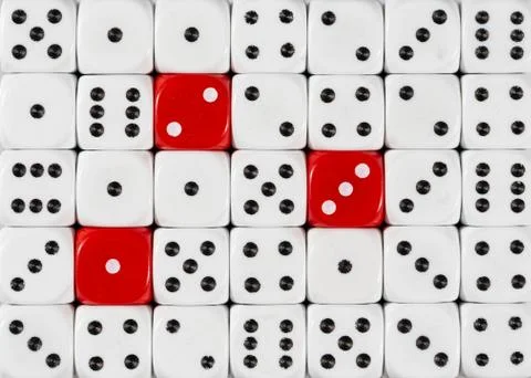 Background of random ordered white dices with three red cubes Stock Photos