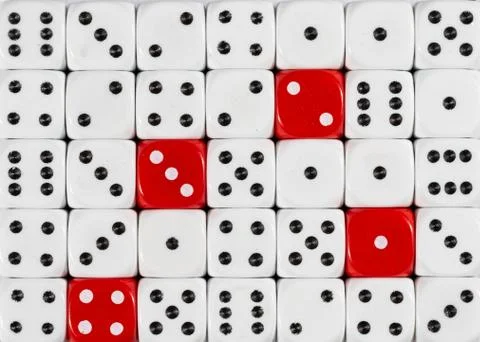 Background of random ordered white dices with four red cubes Stock Photos