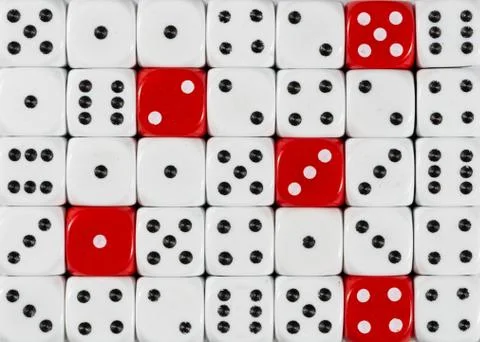 Background of random ordered white dices with five red cubes Stock Photos