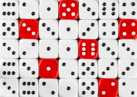 Background of random ordered white dices with six red cubes Stock Photos