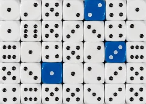Background of random ordered white dices with three blue cubes Stock Photos