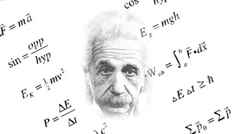 Background of rapidly changing physical formulas with a portrait of Albert Stock Footage 65402729