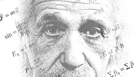 Background of rapidly changing physical formulas with a portrait of Albert Stock Footage 65402750