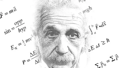 Background of rapidly changing physical formulas with a portrait of Albert Stock Footage 65402786