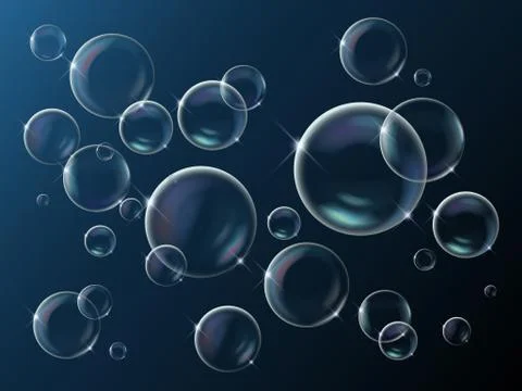 Background with realistic bright sparkling soap bubbles with rainbow reflection Stock Illustration