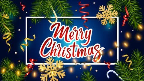 Background with realistic pine branches, garlands, candy, snowflake, lettering Stock Illustration