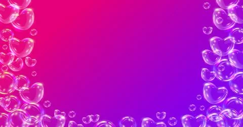 Background with realistic transparent 3d soap hearts and bubbles. Space for.. Illustrazione stock