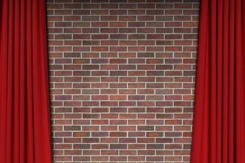 Background of red brick wall with open red velvet theatre curtains 3d render Stock Illustration