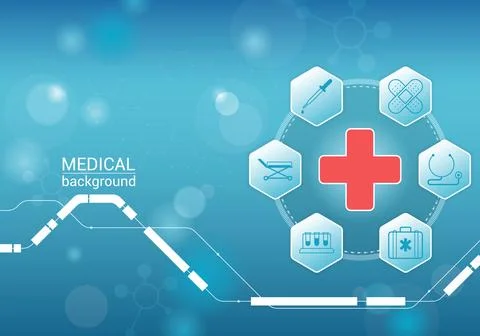 Background with red cross, medical elements and abstract objects Stock Illustration