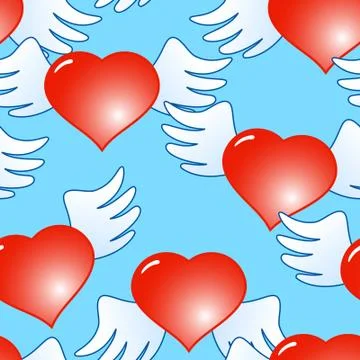 Background of red hearts with wings Stock Illustration