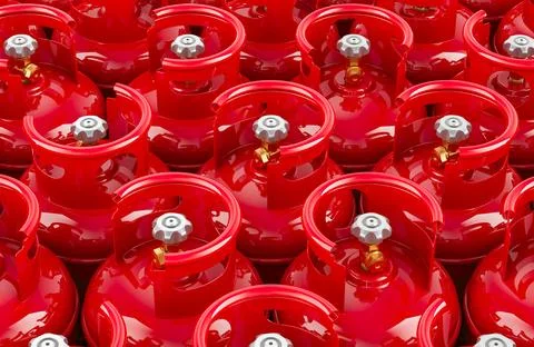 Background from red propane cylinders with compressed gas, top view. 3D ren.. Stock Illustration