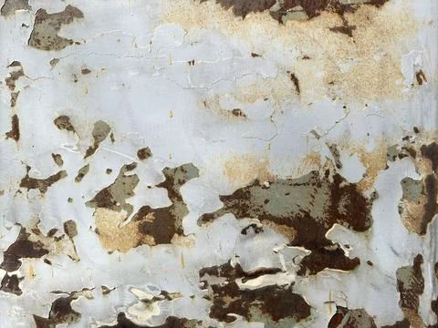 Background of red rust and white peeling old paint on a metallic silver surface Stock Photos
