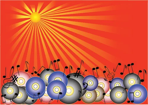 A background in red tones with discs and notes Stock Illustration