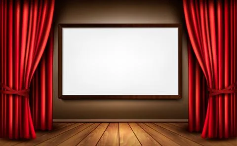 Background with red velvet curtain and a wooden floor. Vector illustration. Stock Illustration