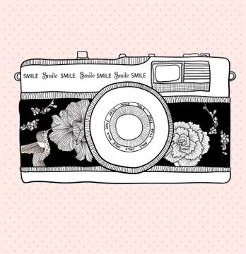 Background with retro camera. vector illustration. photo camera with flowers Stock Illustration