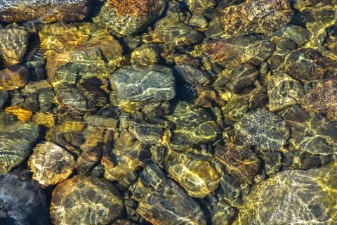 Background. River pebbles under a layer of clear water. Stock Photos