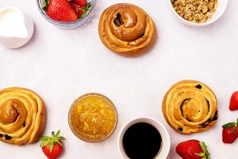Background with Romantic Creative Breakfast Freshly Baked Buns Black Coffee C Stock Photos