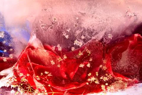 Background of rose  flower    in ice   cube with air bubble Stock Photos
