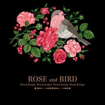 Background with roses and bird. Illustrazione stock