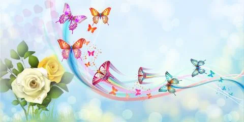 Background with roses and butterflies Stock Illustration