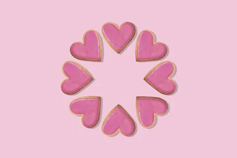 Background round pattern of Heart shaped cookie. Top view. Love concept Stock Photos