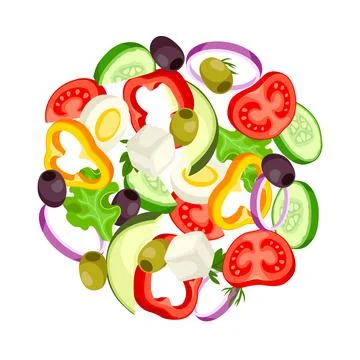 Background round with vegetables. Fresh products for Greek salad. Mediterra.. Stock Illustration