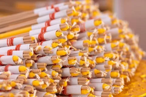 Background of sacrificial and ceremony sets in Thailand temple Stock Photos