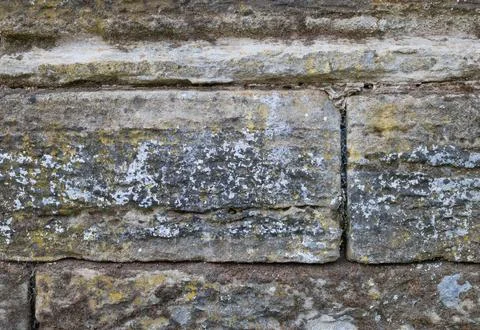 Background of sandstone blocks creating a wall with green lichen Stock Photos