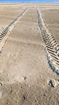 Background sandy footprints parallel on floor beach track from car wheel of.. 库存照片