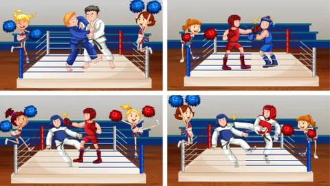 Background scene with athletes fighting in the ring Stock Illustration