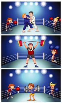 Background scene with athletes fighting in the ring Stock Illustration