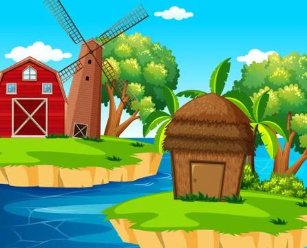 Background scene with barn and windmill on island Stock Illustration