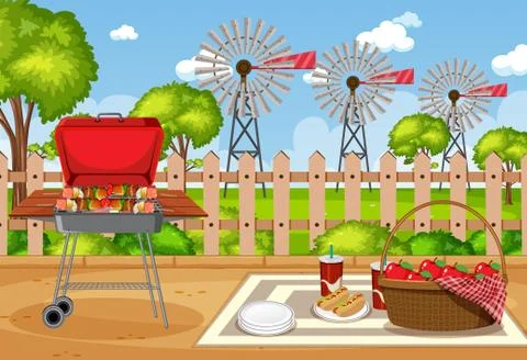 Background scene with BBQ in the park 스톡 일러스트