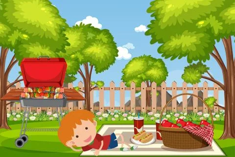 Background scene with boy and BBQ in the park Ilustração Stock