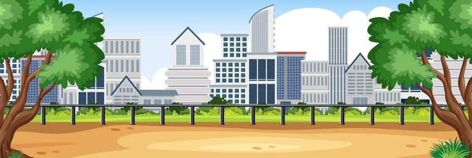 Background scene with buildings in the city and green park Ilustración de archivo