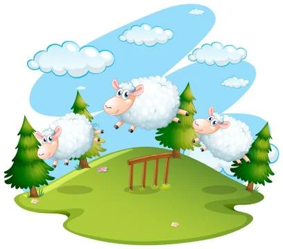 Background scene of field with jumping sheeps Ilustración de archivo