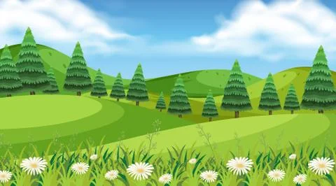 Background scene with many trees in the park Ilustração Stock