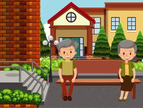 Background scene with old couple sitting on the bench Stock Illustration