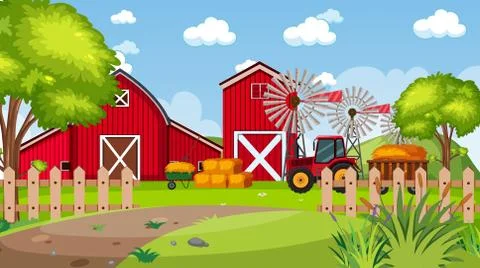 Background scene with red barns in the park Stock-Illustration