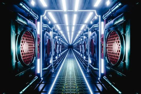 Background Science fiction interior. Sci-fi corridors. 3d rendering Stock Photos