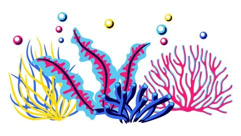 Background with sea algae and corals. Marine life aquarium and sea flora. Stock Illustration
