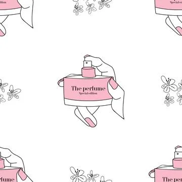 Background seamless pattern with a bottle of perfume in the hands of a girl with 스톡 일러스트