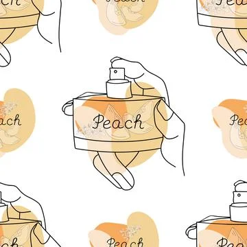 Background seamless pattern with a bottle of perfume in the hands of a girl Stock Illustration