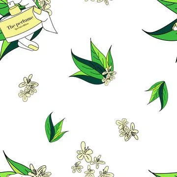 Background seamless pattern with a bottle of perfume in the hands of a girl and 스톡 일러스트
