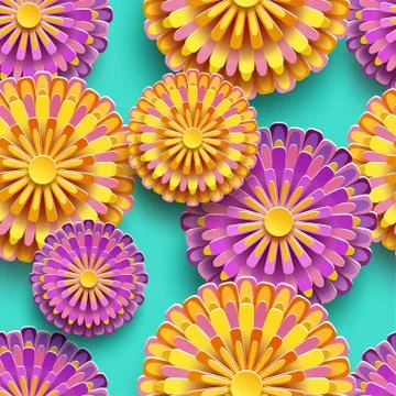 Background seamless pattern with colorful 3d chrysanthemum Stock Illustration