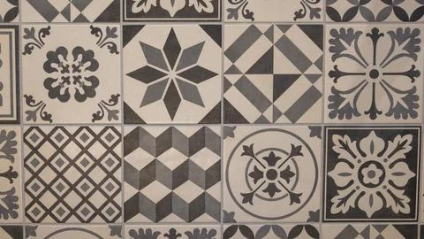 Background seamless texture of old stone wall ancient azulejo patchwork til.. Stock Photos