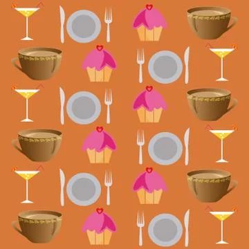 Background set of drinks and food on a brawn Stock Illustration